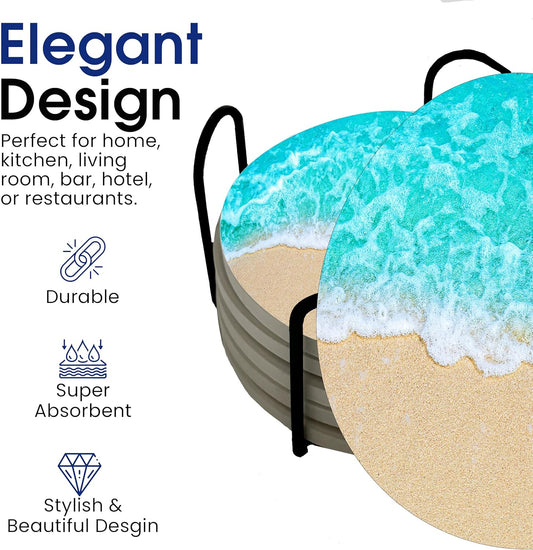 Ocean Coastal Theme Round Coasters Set of 6 - Abosrbent Ceramic Coasters with Metal Stand for Drinks, Beer, Coffee, Non-Slip Cork Back for Tabletop Protection, 4 Inches (Sand)