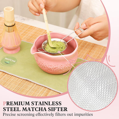 Matcha Whisk Set, Pink Matcha Set, 8 Pcs Complete Ceramic Matcha Making Kit with Bowl, Bamboo Whisk & Holder, Stainless Sifter, Tea Towel, Scoop & Scoop Rest, Perfect for Beginners & Lovers
