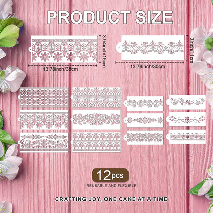 Cake Stencils Decorating for Baking - 12 Pcs Reusable Floral Border Stencils, Mexican Art Flower Lace Stencil, Buttercream Templates for Painting on Wood Crafts