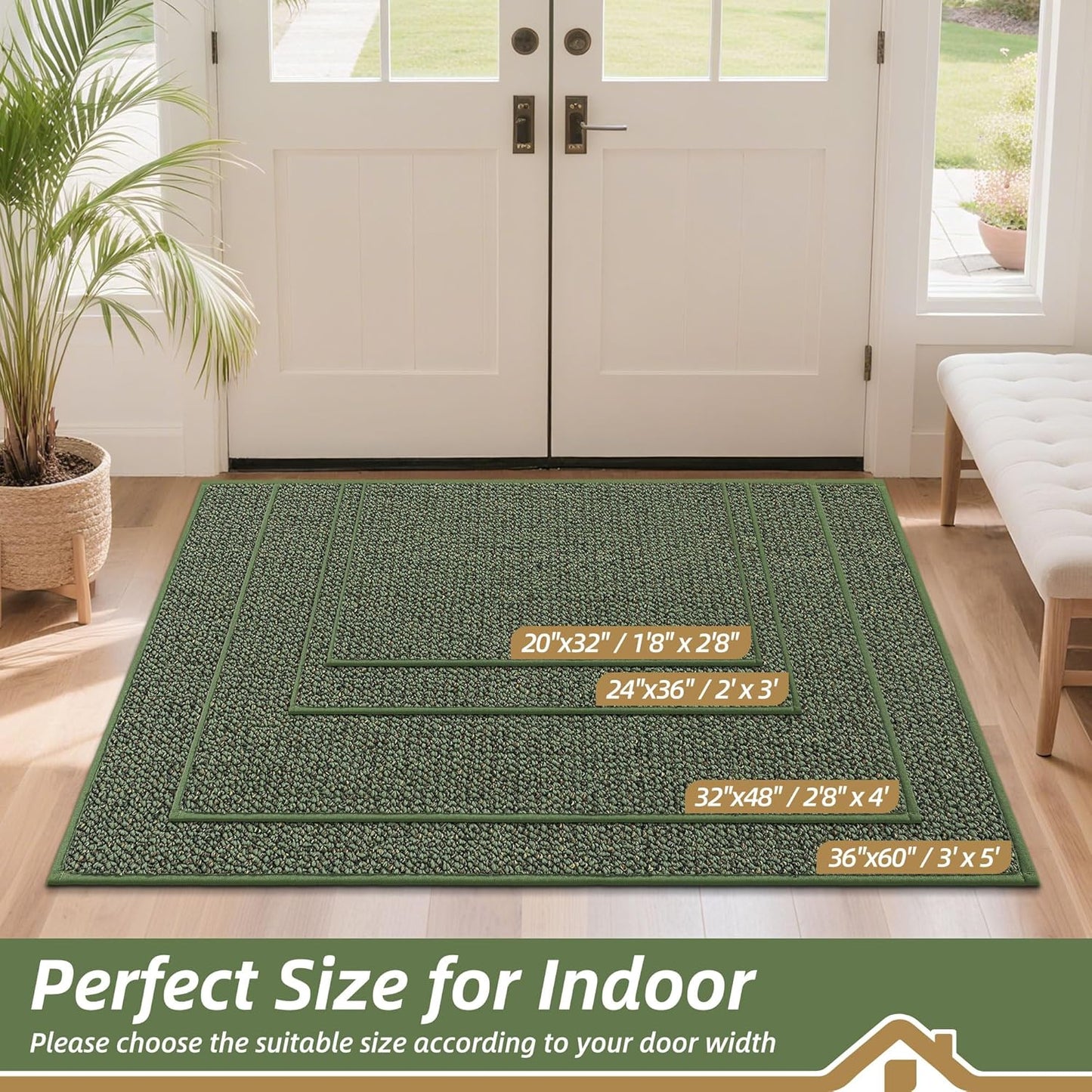 BEQHAUSE Dirt Trapper Door Mat 36" x 60", Non-Slip Washable Doormats Entrance Mat, Dirt Resistant and Absorbent Welcome Mat, Low Profile Floor Mats for Front Back Door and Entryway, Green