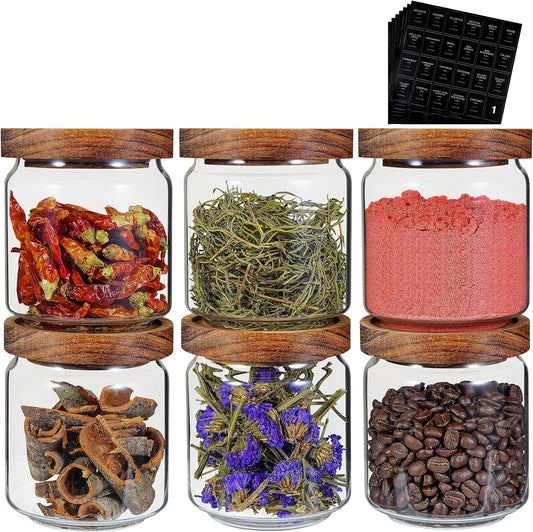 Small Glass Jars with Labels Spice Jar Round Storage Canister with Wooden Lid Clear Glass Food Jar for Pantry Sugar Tea Coffee Bean Spice Nuts Cookies Bath Salts (6 * 420ml(14oz))