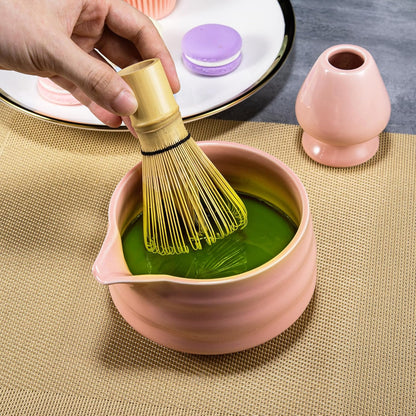 Marce Matcha Whisk Set- Matcha Set includes Matcha Whisk and Bowl with Spout, Sifter, Holder and Scoop- The Perfect Bamboo Whisk for Matcha Tea (Pink)