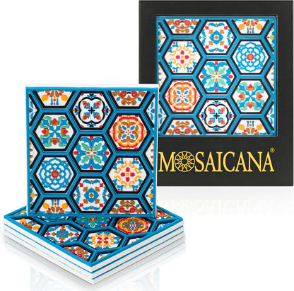 Blue Tile Colored Coasters Set of 4, Silicone, Protects Against Water Marks or Damage Fits All Cups, 3.5" Size