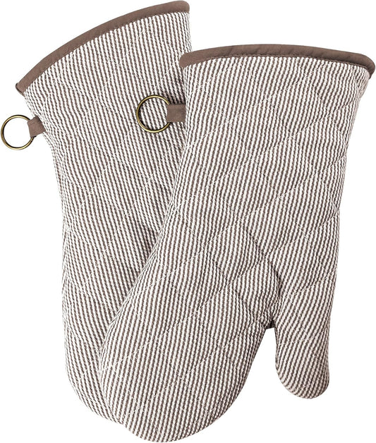 1 Pair Yarn Dyed Oven Mitts 100% Cotton Heat Resistant 470 Degree Gloves Men Women Cooking Baking Barbecue BBQ Microwave Crafting Machine Washable Pot Holders Mittens (Khaki)