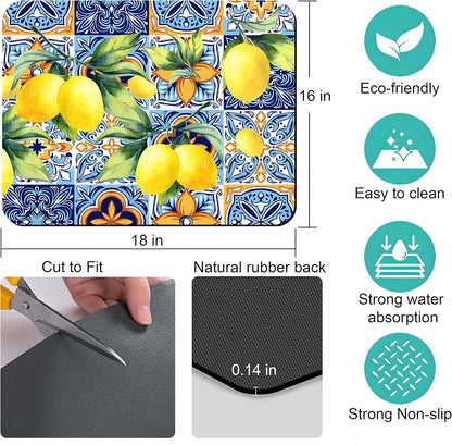 Rubber Dish Drying Mat for Kitchen Counter Large Lemon Washable Quick Home Coffee Pad Fit Under Sink,Bar,Utensils 16x18in