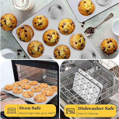 Homikit 3 Pack Muffin Pan, Stainless Steel Cupcake Tin with 12 Cups Regular Size, 13.8" x 10.4" Nonstick Metal Egg Bites Tray for Oven Baking, Non Toxic & Rust Free, Easy Release & Dishwasher Safe