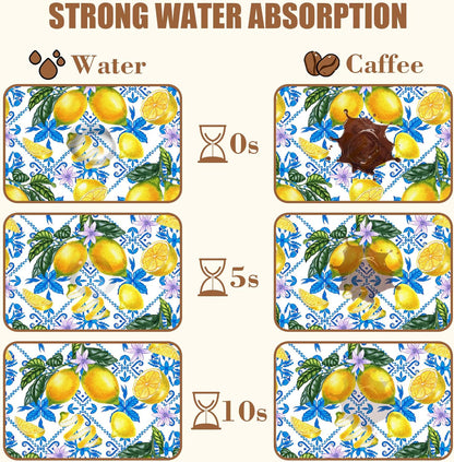 Lemon Fruit and Purple Flower Coffee Mat Absorbent Dish Drying Mat for Kitchen Counter Hide Stain Rubber Backed Coffee Bar Accessories Fit Under Espresso Machine Dish Drainer, 11.8 x 19.7 Inch