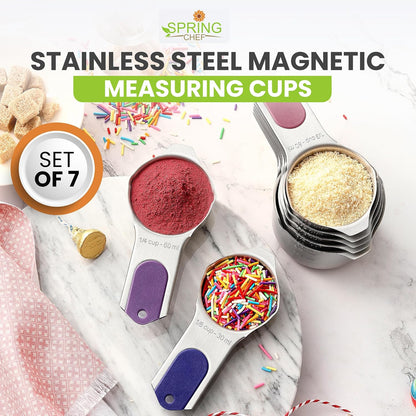 Spring Chef Magnetic Stainless Steel Measuring Cups (Patent Pending), Kitchen Tools with Easy to Read Markings for Measuring Dry or Liquid Ingredients, Set of 7, Mountain Sunrise