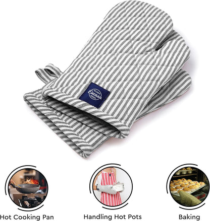 Encasa Homes Long 12"x7" Oven Microwave Hand Gloves Mitts (2 pc Set) for Kitchen Cooking & Baking - Heat Resistant, Thick & Safe, Protection of Hands from Hot Utensils - Ticking Black