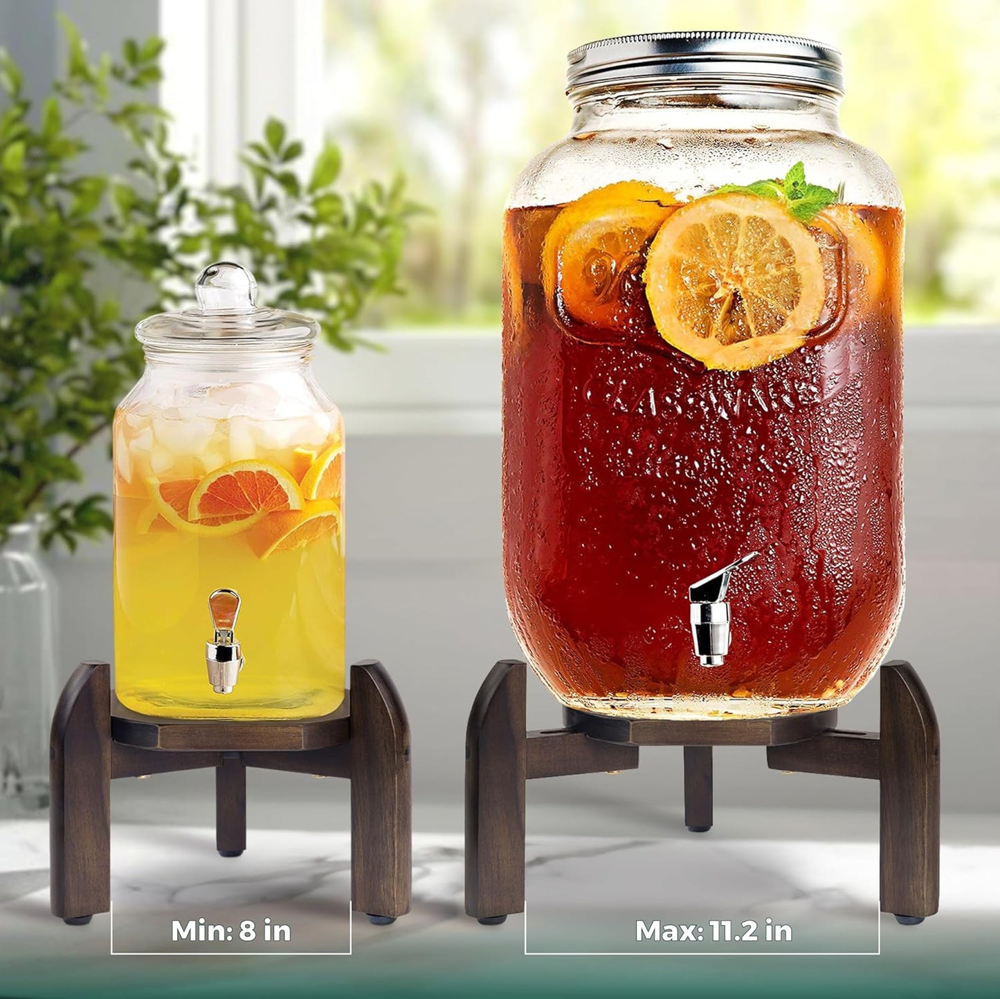 Drink Dispenser Stand Adjustable Width from 8" to 11.2" Wide - Beverage Jar and Water Plastic Jug Holder - to plant flower pots - Adjustable up to11.2-inch Wide (For 5-Gal Jug 8"-11.2")- Walnut Color