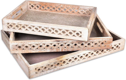Mela Artisans Whitewash Wooden Decorative Tray with Handles | 16x12x2.5 Mango Wood Ottoman Tray | for Kitchen Countertop | Coffee Table | Snacks | Desserts | Breads | Bedroom Decor