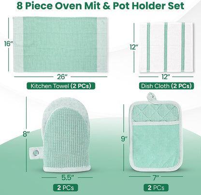 Casa Platino Potholders & Oven Mitts Heat Resistant, 8-Piece Mini Oven Mitts with Silicone Grip, Potholders for Kitchens, 2 Kitchen Towels & 2 Dish Cloths – Durable & Non-Slip – Sage