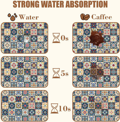 Dish Drying Mat Moroccan Tile Coffee Bar Mat for Countertop Absorbent Rubber Backed Hide Stain Dish Drainer Rack Pad Coffee Maker Espresso Machine Dining Room Decoration 11.8 x 19.7 Inch