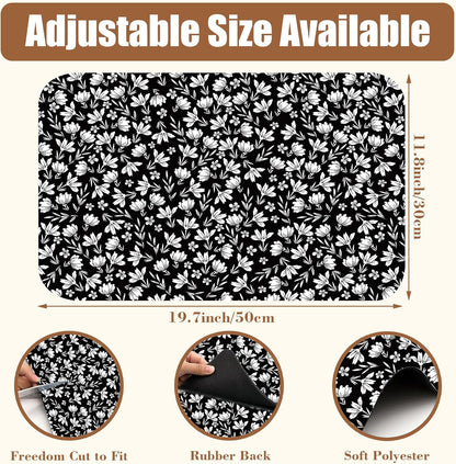 Black and White Flowers Dish Drying Mat for Kitchen Counter Coffee Bar Mat Hide Stain Absorbent Rubber Backed Drying Rack Pad Espresso Machine Coffee Bar Accessories 11.8 x 19.7 Inch