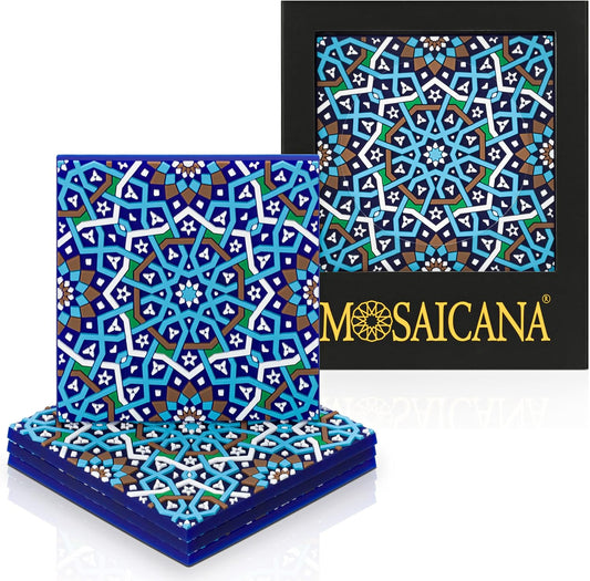 Set of 4 Silicone Coasters - Protect Against Water Marks or Damage - Fits All Cups, 3.5" Size, Blue Morocco