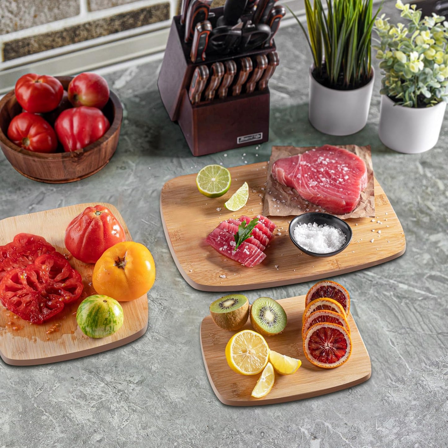 Bamboo Cutting Board Set of 3 - Reversible Wooden Cutting Boards for Kitchen, Chopping Meat, Cheese, Vegetables, Bread, Charcuterie, Serving Tray - 13"x9.5", 11"x8.5", 8"x6" Boards