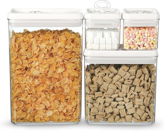 Felli Flip Tite Storage Container with Lid 4" RECTANGULAR Air Tight Ring Flip Top, Stackable Acrylic Canister for Kitchen Counter Pantry, Cereal Granola Pasta Spice, Gift Set for Women (4pk, Variety)
