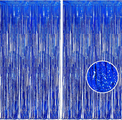 BRAVESHINE Blue Tinsel Foil Fringe Curtains - 2Pcs 3.2x8.2 ft Metallic Holidays Photo Backdrop for Boys Men Birthdays Homecoming Bachelor Bachelorette Engagement Sea Theme Ramadan Party Decorations
