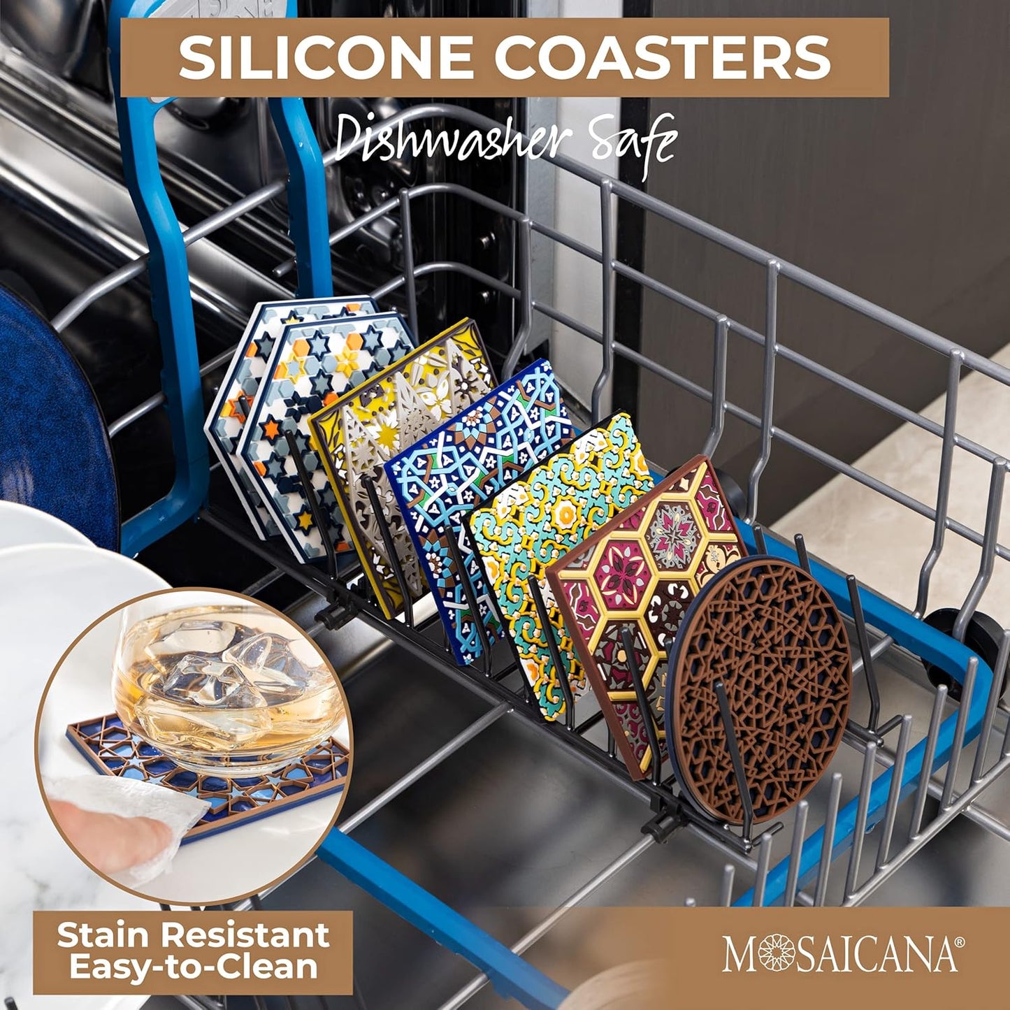 Set of 4 Silicone Coasters - Protect Against Water Marks or Damage - Fits All Cups, 3.5" Size, Blue Morocco