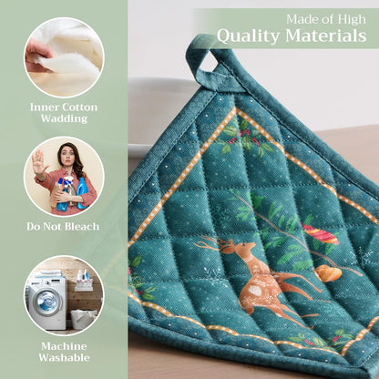 Maison d' Hermine Pot Holders Set 100% Cotton Heat Resistant Potholders 8" x 8" Hot Pads with Loop BBQ, Cooking, Baking, Grilling, Kitchen, Handling Hot Pans (Pack of 2, Hygge Christmas)
