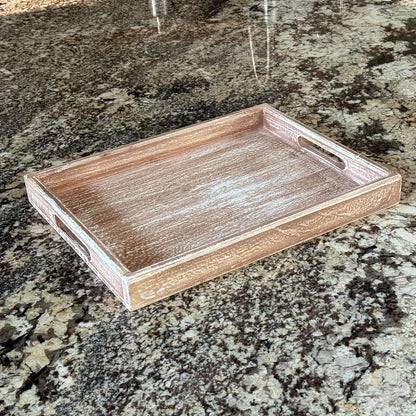 Allgala Wooden Tray - 17"x13"x2" Vintage Beige Rectangle Stylish Rustic Farmhouse Decor Serving Platter