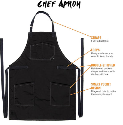 Under NY Sky Chef Apron – Professional Black Twill – Cotton Straps - Smart Pockets - Adjustable for Men and Women – Pro Chef, Cook, Kitchen, Baker, Barista, Bartender, Server Aprons