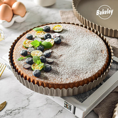 Tart Pan Set, 3 Nonstick Round Quiche Pan, 12 Inch, 10 Inch, 8 Inch Fruit Tart Pan, Flueted Pie Pan Solid Bottom (Champagne Gold)