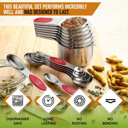 Spring Chef Magnetic Measuring Cups & Spoons Set (Patent Pending), Strong N45 Magnets, Heavy Duty Stainless Steel Fits in Spice Jars for Baking & Cooking, BPA Free, Round Set of 15 with Leveler, Red