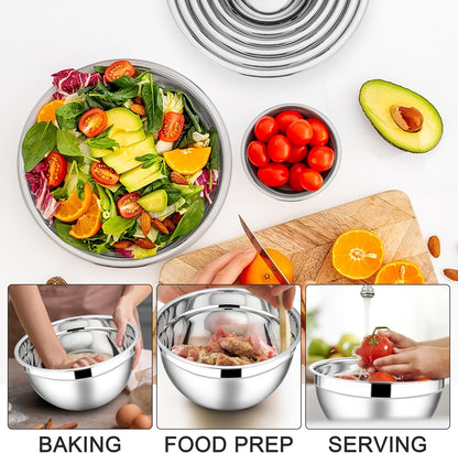 E-far Mixing Bowls with Lids Set, 7-Piece Stainless Steel Metal Mixing Bowls with 3 Grater Attachments, Size 4.6, 3.5, 2.6, 2, 1.5, 1, 0.7QT, Nesting Design & Black Airtight Lids, For Baking/Cooking