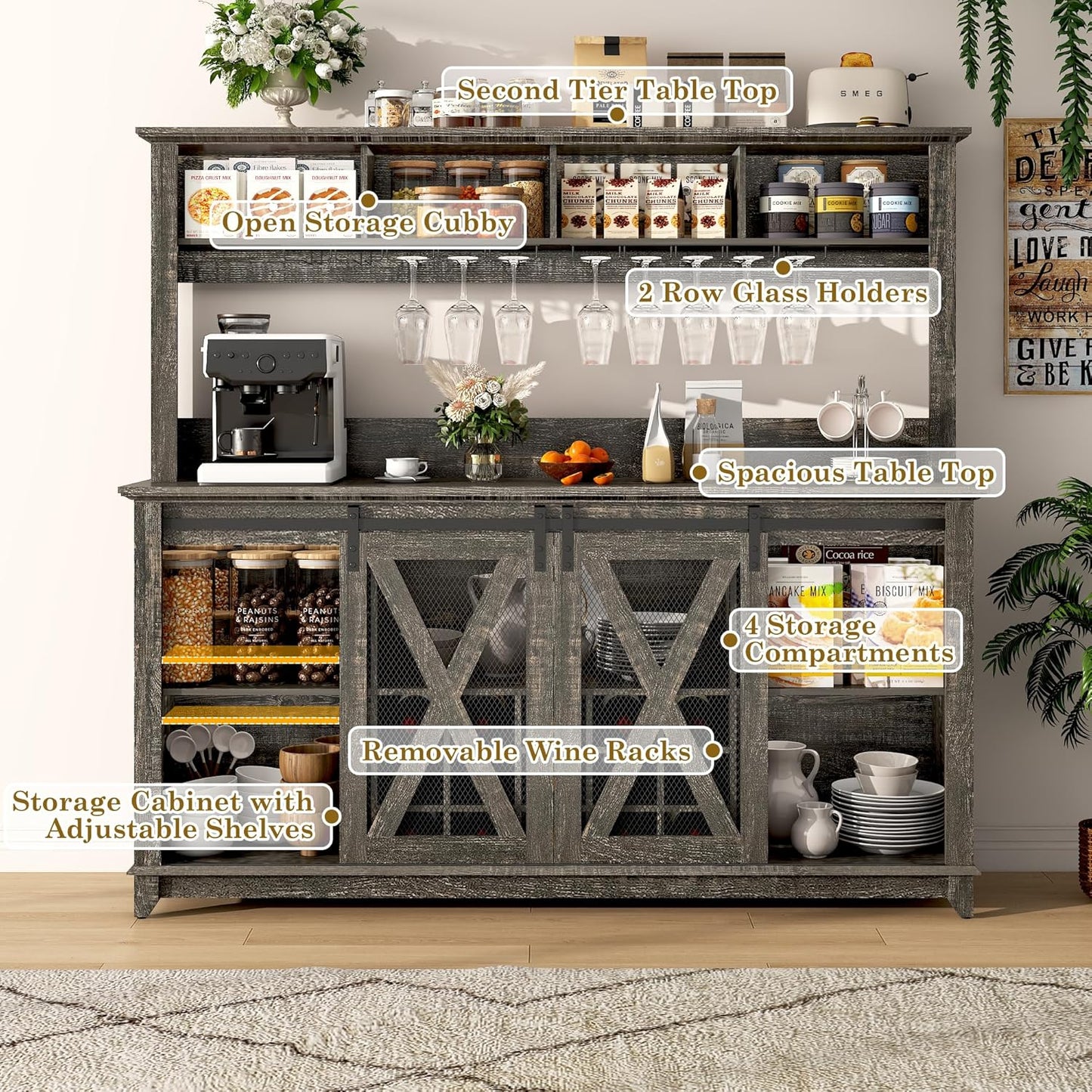 63"Wide 58"H Farmhouse Coffee Bar Cabinet with LED Light,Wine Bar Cabinet w 4 Storage Hutch,Kitchen Buffet Cabinet wSliding Barn Door & 15 Wine and Glass Racks for Kitchen Dining Room(Dark Rustic Oak)