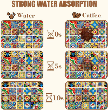 Talavera Mexican Tiles Dish Drying Mat for Kitchen Counter Bar Mat Hide Stain Absorbent Rubber Backed Coffee Mat Maker Espresso Machine Bar Accessories 11.8 x 19.7 Inch