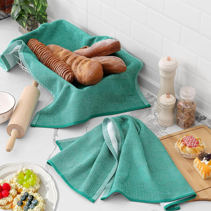 Homaxy Premium Kitchen Towels(18”x 28”, 6 Pack), Large Cotton Kitchen Hand Towels, Flat and Terry Dish Towels, 380 GSM Highly Absorbent Tea Towel Set with Hanging Loop, Grey/Red/Green