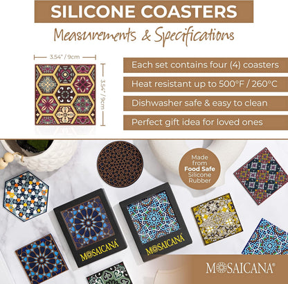 Coasters for Drinks – Set of 4 Coasters, Silicone, Protect Against Water Marks or Damage - Fit All Cups, 3.5" Inch Size Fits, Colored Coasters (Burgundy)