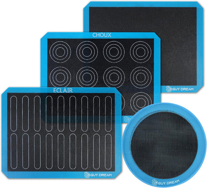 GUY DREAM Pack of 4 Perforated Silicone Baking Mats - 1 Choux, 1 Eclair, 1 Blank for Cookies, 1 10'' Round for Pizza - Non-Stick Reusable Oven Liner 11-4/5" x 15-3/4"