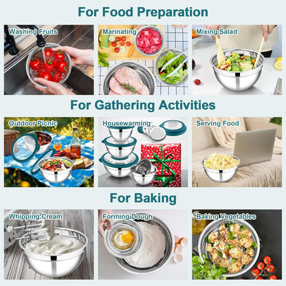 E-far Mixing Bowls Set of 5, Stainless Steel Salad Mixing Bowl with Transparent Lid, Metal Nesting Bowl Attach with 3 Graters for Kitchen Prepping/Serving/Baking/Storage, 4.6/2.6/1.5/1/0.7 QT - Blue