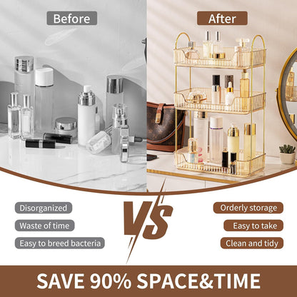 YCIA&DONE Bathroom Organizer Countertop, Makeup Storage, Skincare Cosmetic Tray Shelf, Perfume Holder Rack for Vanity Counter, Large Capacity, Easy to Install, Clean, 3 Tiers, Amber Gold