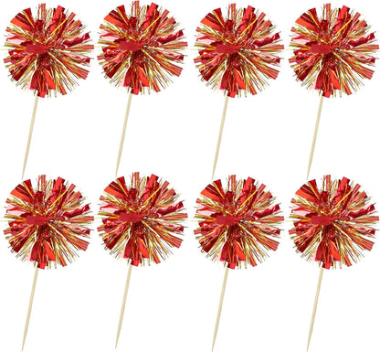 Ephlyn 30Pcs Foil Firework Cupcake Toppers Sparkle Tinsel Drink Birthday Cake Decorations Cocktail Food Fruit Toothpick for New Years Wedding Birthday Party Decorations Gold Red