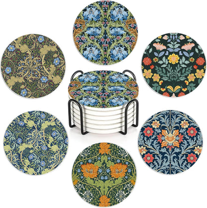 Coaster for Drinks Set of 6, Vintage Flower Absorbing Round Ceramic Stone Coaster with Cork Base,Tabletop Protection Mat for Mugs and Cups,Coffee Table Wine Glass Home Bar 4 Inch