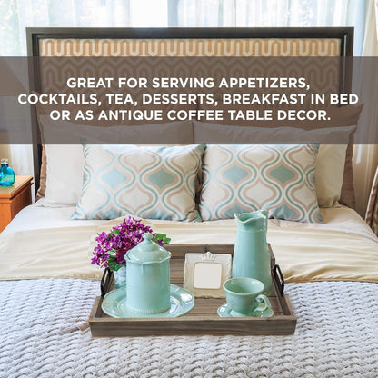 3 Pie­ce Decorative Nested Vintage Wood Serving Tray Set for Coffee Table or Ottoman – Rustic Wooden Breakfast Trays for Kitchen, Dining Room, or Living Room – Farmhouse Platter w/Handles - Barnwood