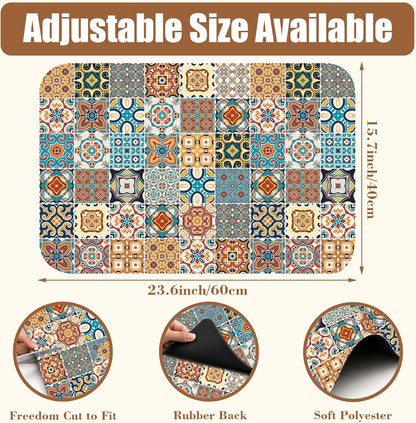 Dish Drying Mat Multicolor Portuguese Tiles Coffee Bar Mat for Countertop Absorbent Rubber Backed Hide Stain Dish Drainer Rack Pad Coffee Maker Espresso Machine Dining Room Decor 15.7 x 23.6 Inch
