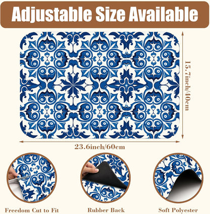 Dish Drying Mat Blue Portuguese Tiles Coffee Bar Mat for Countertop - Absorbent Rubber Backed Hide Stain Dish Drainer Rack - Coffee Maker Pot Dining Room Decoration 15.7 x 23.6 Inch