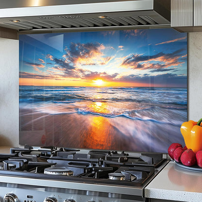 Tempered Glass Backsplash For Kitchen Behind Stove,Sea Beach Stove Backsplash Top Cover,Easy to Clean Glass Splashback, Sink Cover Splash Guard,Home Kitchen Wall Decor (30"x14"(76.2x35.56cm))