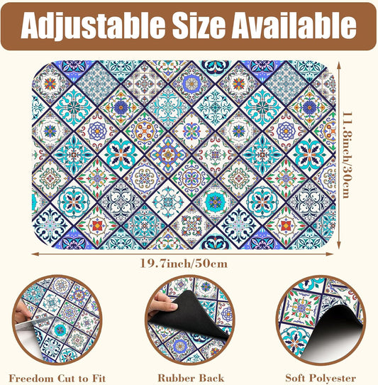 Colorful Tiles Dish Drying Mat for Kitchen Counter Coffee Mat Hide Stain Absorbent Non-Slip Rubber Backed Drying Rack Pad Espresso Machine Coffee Bar Accessories 11.8 x 19.7 Inch