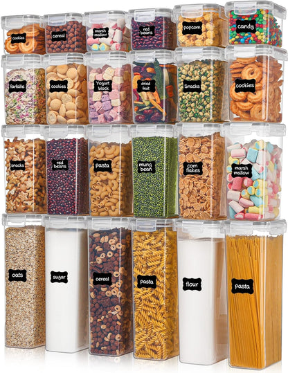 Vtopmart Airtight Food Storage Containers with Lids, 24 pcs Plastic Kitchen and Pantry Organization Canisters for Cereal, Dry Food, Flour and Sugar, BPA Free, Includes 24 Labels，Gray