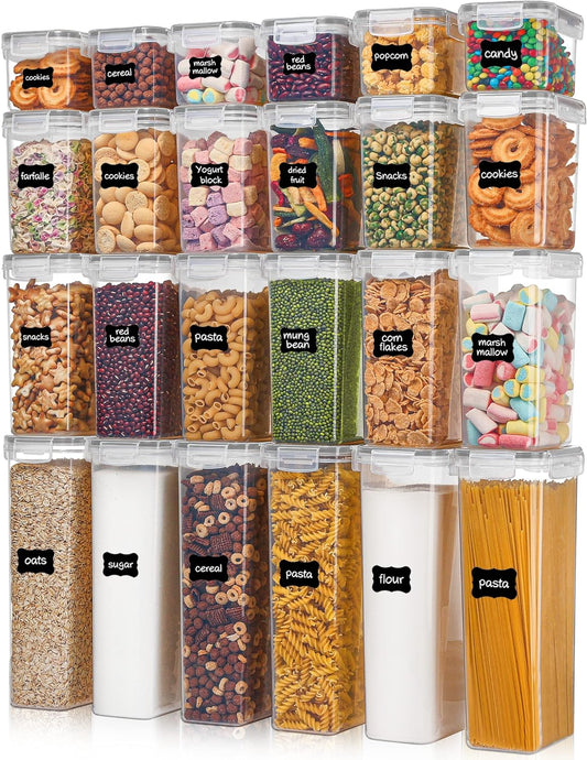 Vtopmart Airtight Food Storage Containers with Lids, 24 pcs Plastic Kitchen and Pantry Organization Canisters for Cereal, Dry Food, Flour and Sugar, BPA Free, Includes 24 Labels，Gray