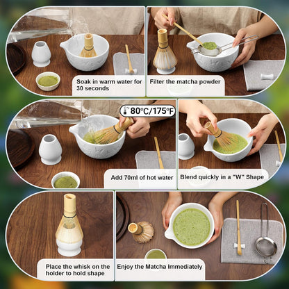 7 PCS Matcha Set Ceramic Matcha Making Kit, Bamboo Whisk, Bowl With Spout, Powder Starter Sifter, Ceramic Whisk Holder, Tea Towel, Scoop and Scoop Rest Matcha Whisk Set for Matcha Lover White