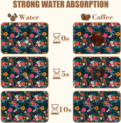 Dish Drying Mat Colorful Flowers and Leaves Coffee Bar Mat for Countertop Absorbent Hide Stain Rubber Backed Dish Drainer Rack Pad Espresso Machine Table Accessories Dining Room Decor 11.8 x 19.7 Inch