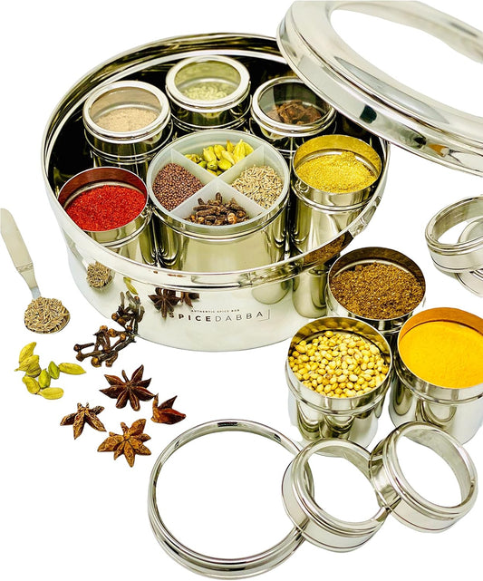 spice dabba Stainless Steel Indian Spice Box,Steel Masala Dabba 12 Spices,Lid Spice Box,Authentic Spices,Masala Box with Individual containers|Size 9 x 9 x 3 IN 3 LB (Indian Spice Box with Spices)