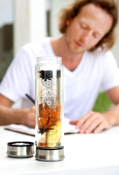 Sacred Lotus Love Double-Walled Glass Tea Infuser Bottle - Portable Travel Mug with Strainer and Sleeve for Loose Leaf Tea, Coffee, Smoothies - Insulated Tumbler with Lid for Hot and Iced Beverages