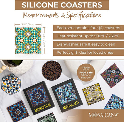 Emerald Tiles Silicone Coasters Set of 4, Protect Against Water Marks or Damage Fits All Cups, 3.5" Inch Size